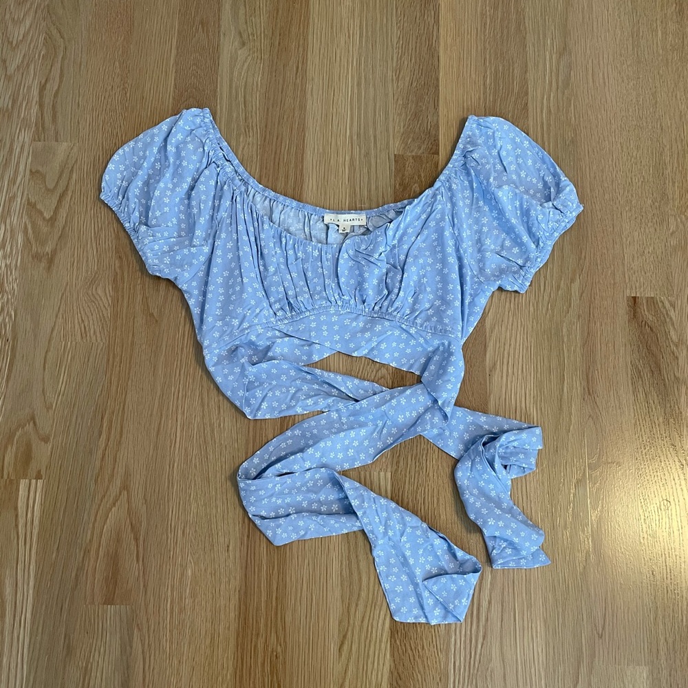 Light Blue Floral Tie-Back Crop Top